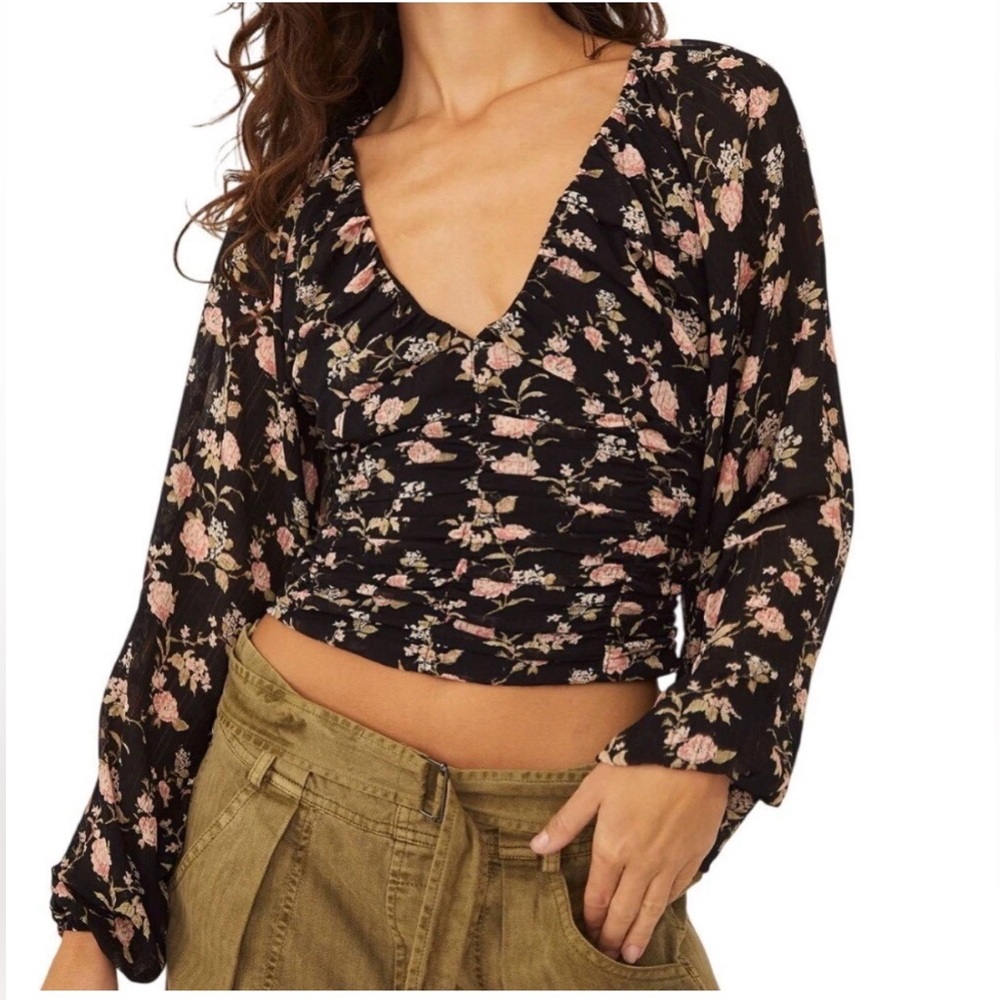 Free People Floral Ruched V-Neck Long-Sleeve Crop Top - Black/Pink